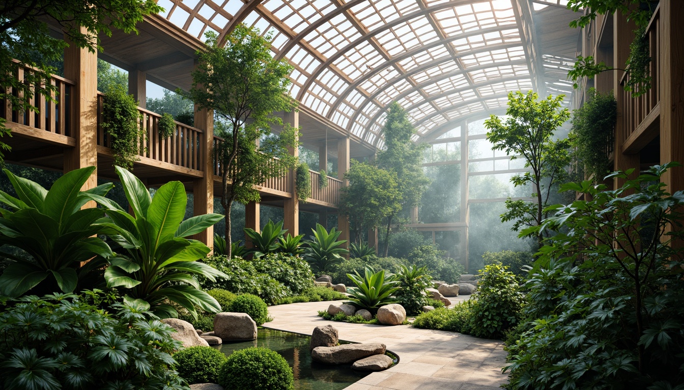 Prompt: \Vibrant greenhouse interior, lush tropical plants, misty atmosphere, natural stone flooring, wooden trellis, curved glass roofs, modern sustainable architecture, energy-efficient systems, solar panels, rainwater harvesting, living walls, green roofs, organic gardens, serene water features, soft diffused lighting, shallow depth of field, 1/2 composition, realistic textures, ambient occlusion.\