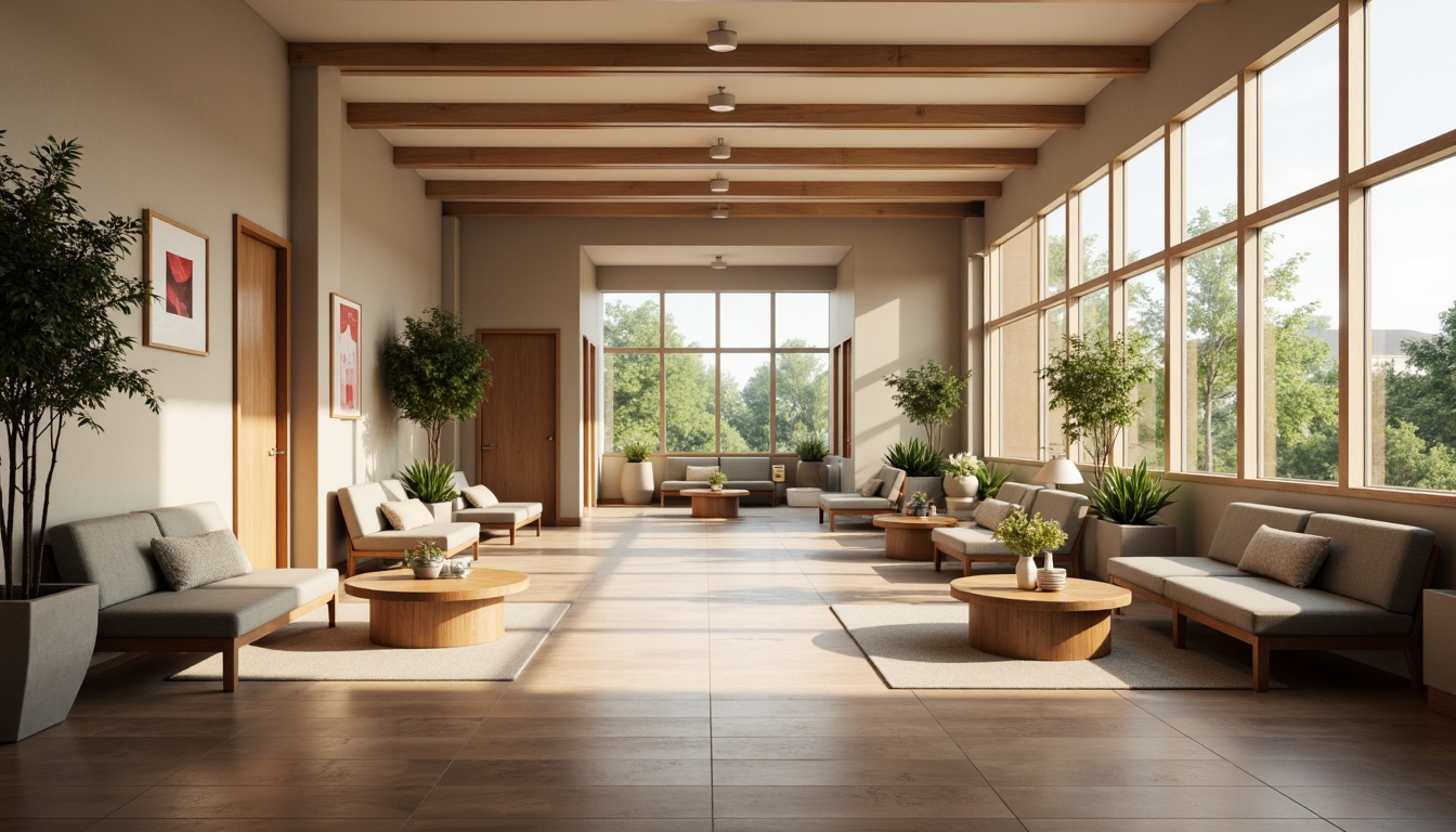 Prompt: Soothing medical facility, calm atmosphere, soft natural lighting, comfortable waiting areas, plush sofas, wooden coffee tables, green plants, minimal decor, warm beige walls, polished wooden floors, acoustic ceilings, subtle color schemes, ergonomic furniture, wheelchair accessibility, quiet private rooms, calming artwork, serene nature views, gentle ambient sounds, shallow depth of field, 1/1 composition, realistic textures, softbox lighting.