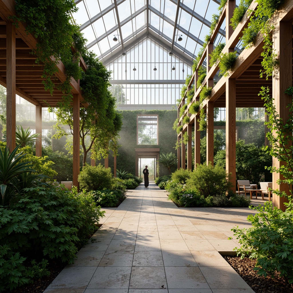 Prompt: \Serene greenhouse interior, lush tropical plants, natural stone flooring, wooden trellises, climbing vines, misting systems, soft warm lighting, shallow depth of field, 3/4 composition, panoramic view, realistic textures, ambient occlusion, glass roofs, steel frames, modern minimalist architecture, sustainable energy solutions, solar panels, water conservation systems, green walls, eco-friendly materials, innovative cooling technologies, shaded outdoor spaces, Arabic-inspired patterns, vibrant colorful textiles, intricate geometric motifs.\Let me know if this meets your requirements!