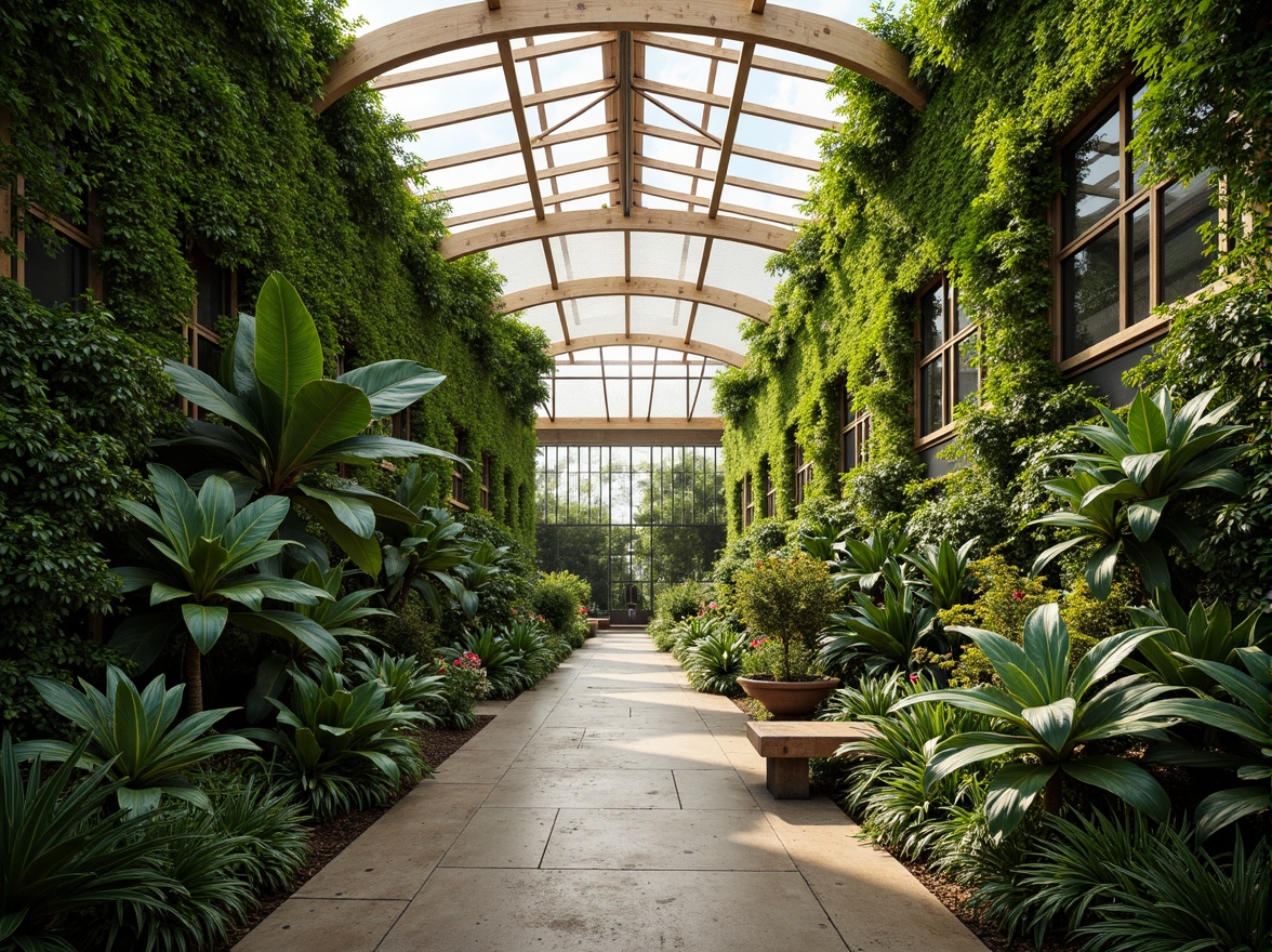 Prompt: Tropical greenhouse interior, lush green walls, exotic plant species, natural stone flooring, wooden trellises, misting systems, soft warm lighting, shallow depth of field, 3/4 composition, panoramic view, realistic textures, ambient occlusion, modern sustainable architecture, energy-efficient systems, solar panels, rainwater harvesting, living roofs, eco-friendly materials, innovative climate control technologies, serene atmosphere, organic shapes, curved lines, natural ventilation systems.