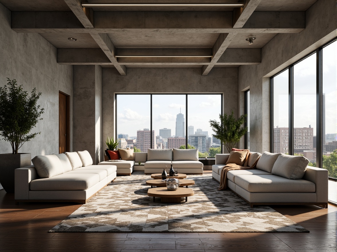 Prompt: Minimalist interior, industrial chic aesthetic, exposed concrete ceilings, steel beams, polished metal accents, reclaimed wood floors, geometric patterned rugs, modern sectional sofas, floor-to-ceiling windows, urban cityscape views, natural light pouring in, subtle warm lighting, shallow depth of field, 1/1 composition, realistic textures, ambient occlusion.