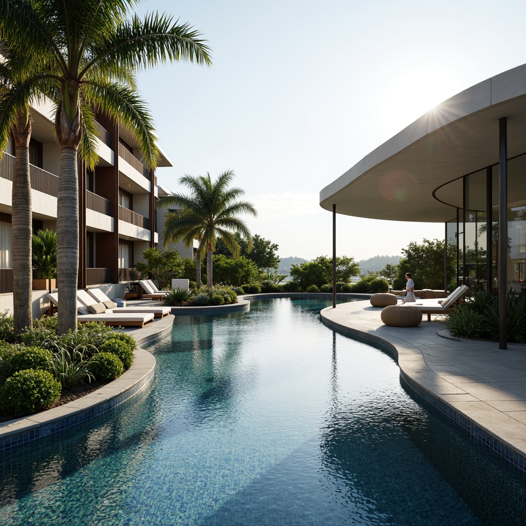 Prompt: Curved infinity pool edges, iridescent water surfaces, fusion architecture buildings, sleek modern lines, reflective glass facades, cantilevered structures, minimalist design, natural stone cladding, lush greenery surroundings, tropical plants, sunny day, soft warm lighting, shallow depth of field, 3/4 composition, panoramic view, realistic textures, ambient occlusion.