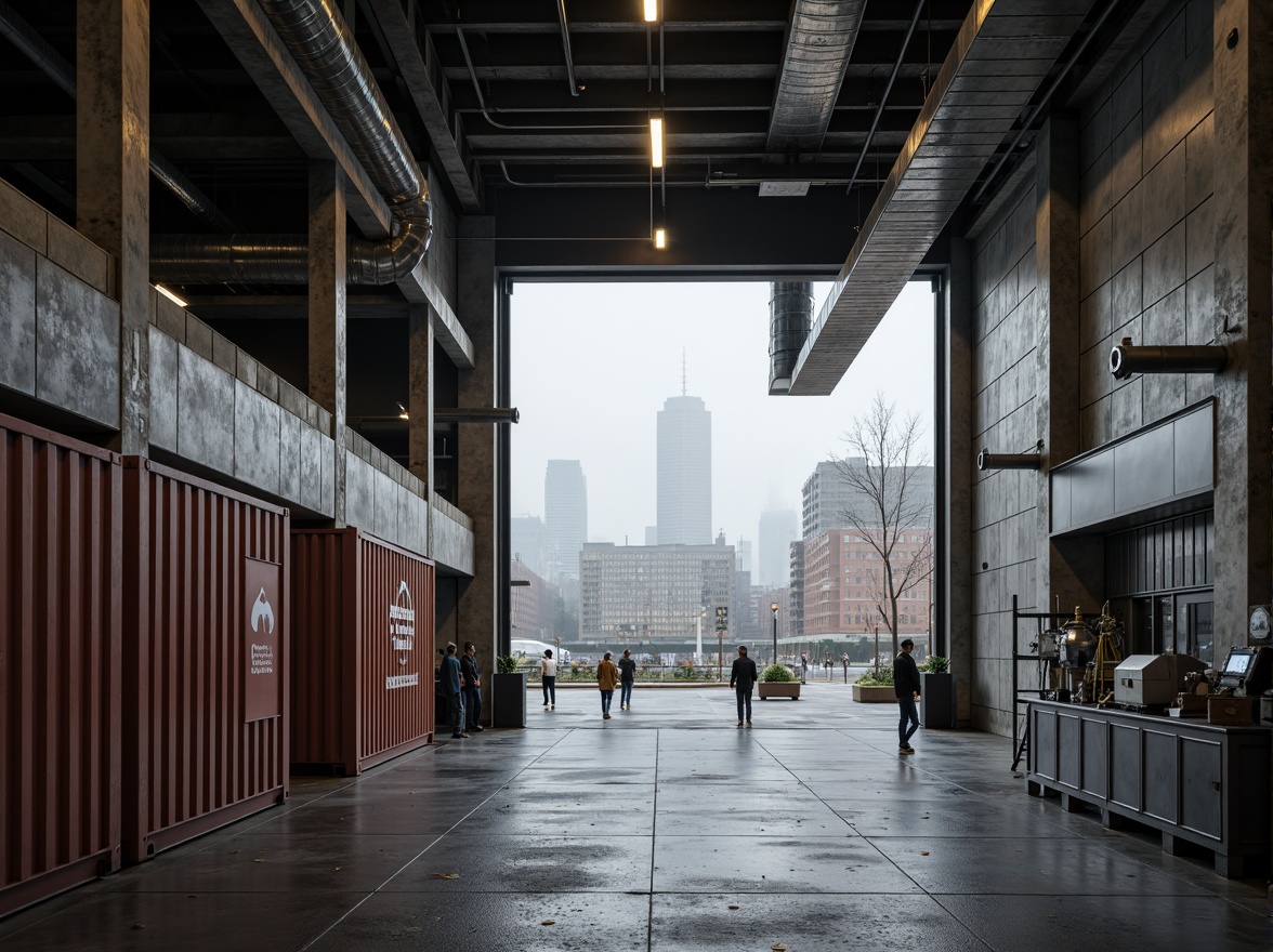 Prompt: Exposed ductwork, industrial chic, metal beams, concrete floors, functional lighting, cargo elevators, loading docks, shipping containers, urban landscape, city skyline, foggy morning, soft misty atmosphere, shallow depth of field, 2/3 composition, symmetrical framing, gritty textures, ambient occlusion, neutral color palette, steel columns, corrugated metal cladding, industrial machinery, factory-inspired decor, reclaimed wood accents.