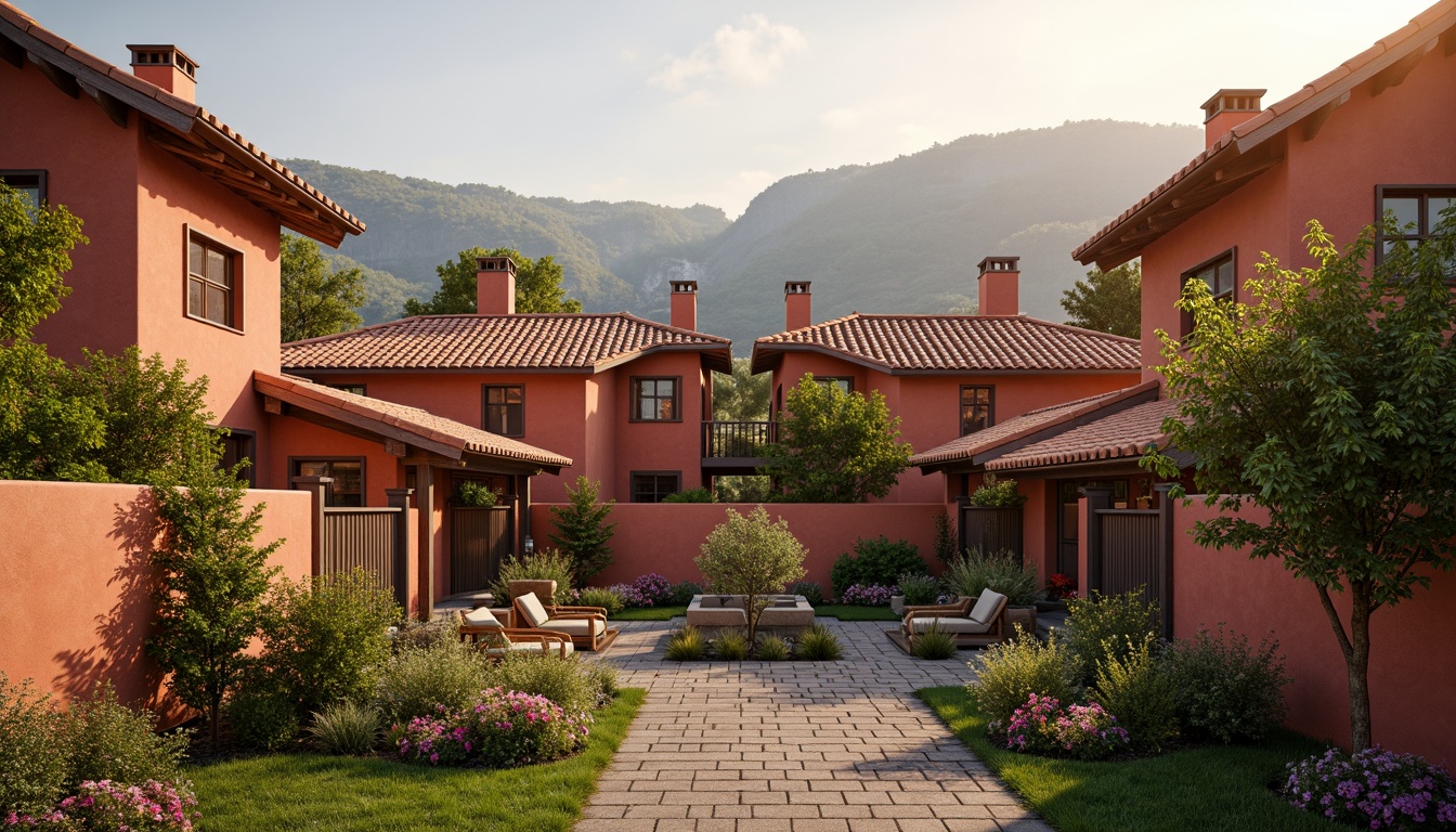 Prompt: Regionalism style buildings, curved terra cotta rooftops, earthy red hues, rustic wooden accents, natural stone walls, Mediterranean-inspired architecture, clay tile roofing, ornate chimneys, lush greenery, blooming flowers, warm sunny day, soft golden lighting, shallow depth of field, 3/4 composition, panoramic view, realistic textures, ambient occlusion.