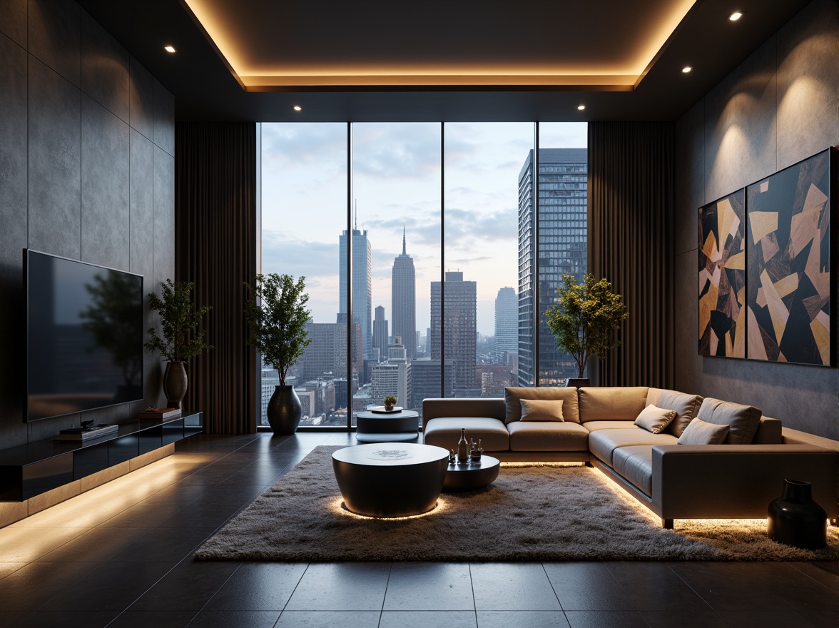 Prompt: Minimalist living room, sleek lines, monochromatic color scheme, LED ambient lighting, floor-to-ceiling windows, smart home automation, futuristic furniture designs, metallic accents, high-gloss finishes, luxurious textiles, urban cityscape views, 1/1 composition, shallow depth of field, warm softbox lighting, realistic reflective surfaces, ambient occlusion, modern art pieces, abstract geometric patterns, cutting-edge technology integrations.