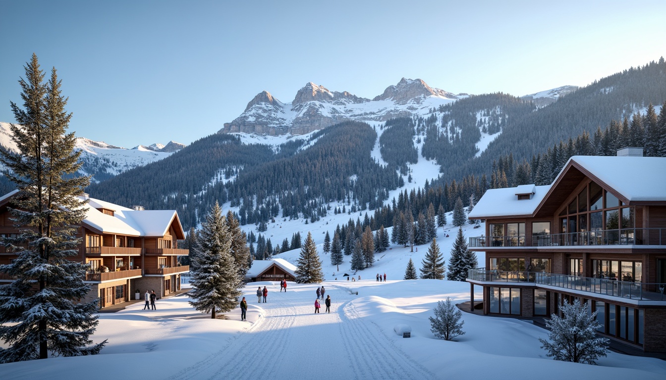 Prompt: Snow-capped mountain peaks, lush alpine forests, ski slopes, chairlifts, gondolas, snow-covered rooftops, wooden chalets, modern ski center architecture, large windows, glass facades, natural stone walls, rustic metal accents, warm cozy lighting, shallow depth of field, 1/2 composition, panoramic view, realistic textures, ambient occlusion, misty atmosphere, frosty mornings, powdery snowfall, frozen lakes, snowy trails, winter sports equipment, ski racks, warm fireplaces, comfortable lounges.