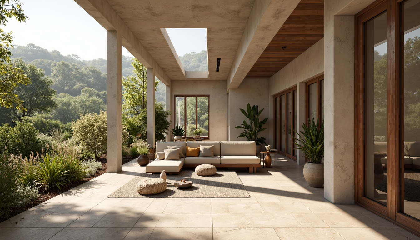 Prompt: Earthy tone, natural materials, exposed concrete walls, thermal mass integration, sustainable architecture, eco-friendly design, passive cooling systems, large overhangs, clerestory windows, high ceilings, open floor plans, minimalist decor, earthy color palette, soft diffused lighting, shallow depth of field, 1/1 composition, realistic textures, ambient occlusion, warm sunny day, comfortable interior spaces.