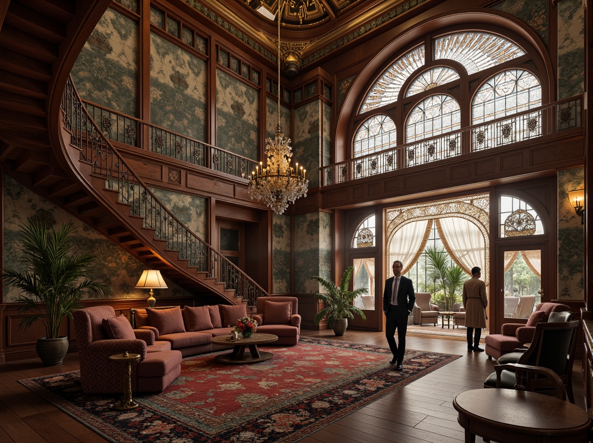 Prompt: \Opulent Art Nouveau interior, flowing organic curves, sinuous lines, ornate metalwork, intricate mosaics, stained glass windows, luxurious velvet fabrics, rich wood paneling, grand staircase, sweeping archways, dramatic chandeliers, soft warm lighting, atmospheric fog effect, 1/1 composition, detailed textures, realistic reflections.\