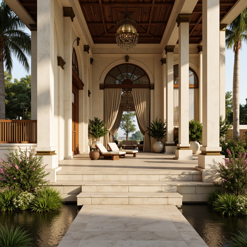 Prompt: Elegant pavilion, neoclassical architecture, creamy white marble columns, ornate bronze details, rich wooden accents, velvet drapes, crystal chandeliers, lush greenery, blooming flowers, natural stone pathways, serene water features, warm golden lighting, soft focus, 1/1 composition, symmetrical balance, realistic textures, ambient occlusion.