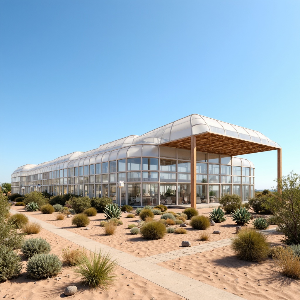 Prompt: Desert greenhouse, futuristic architecture design, transparent glass walls, misting systems, evaporative cooling technologies, shading devices, climate-controlled environment, optimized air circulation, efficient ventilation systems, heat recovery systems, humidification control, precise temperature management, automated weather monitoring, arid landscape, sandy dunes, cactus plants, clear blue sky, hot sunny day, innovative sustainable design, eco-friendly materials, minimal water consumption, reduced carbon footprint.