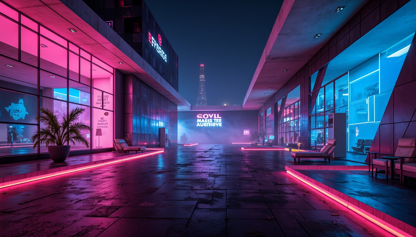 Prompt: Vibrant neon colors, futuristic architecture, glowing accents, iridescent materials, holographic effects, LED lights, dark night sky, cityscape background, sleek metallic surfaces, reflective glass, abstract geometric shapes, minimalist design, bold color blocking, high-contrast visuals, cyberpunk ambiance, atmospheric fog, moody lighting, 3/4 composition, cinematic view, realistic textures, ambient occlusion.