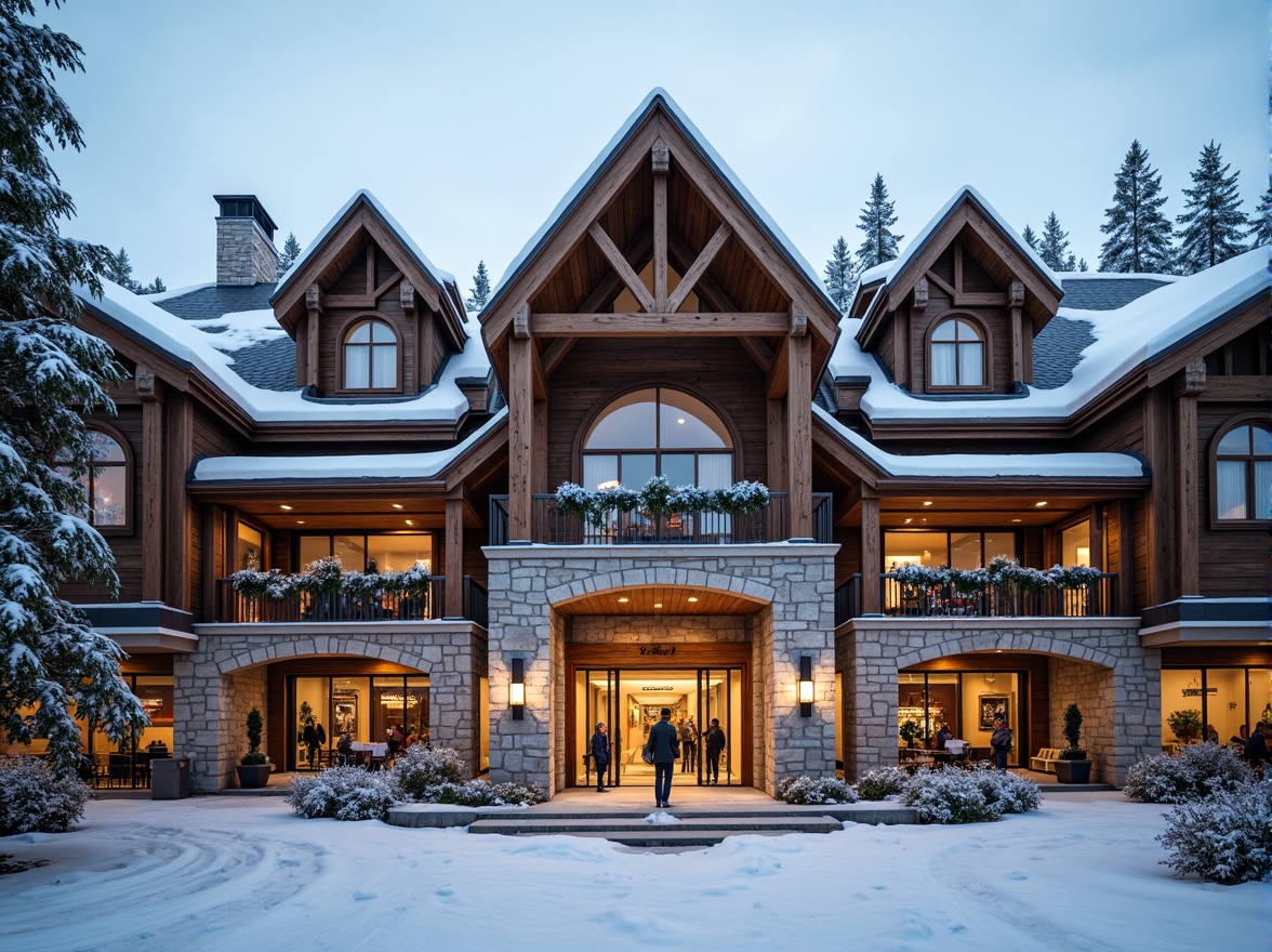 Prompt: Ornate ski center facade, grandiose Baroque architecture, intricately carved wooden details, ornamental stonework, majestic entrance gates, snow-capped roofs, frosty winter atmosphere, ski lifts, chairlifts, snowmaking machines, festive holiday decorations, warm golden lighting, rustic wooden textures, detailed stone carvings, symmetrical composition, 1/1 aspect ratio, dramatic shading, ambient occlusion.