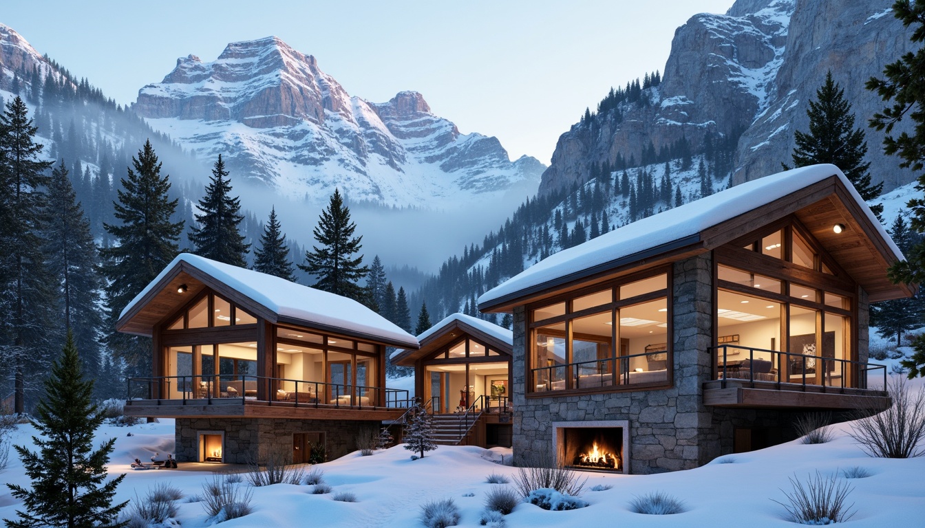 Prompt: Snow-capped mountains, rustic wooden cabins, massive stone foundations, cantilevered roofs, floor-to-ceiling windows, sliding glass doors, natural ventilation systems, earthy color palette, rough-hewn wood accents, cozy fireplaces, plush furnishings, ambient lighting, soft warm glow, misty morning atmosphere, shallow depth of field, 1/1 composition, panoramic view, realistic textures, ambient occlusion.