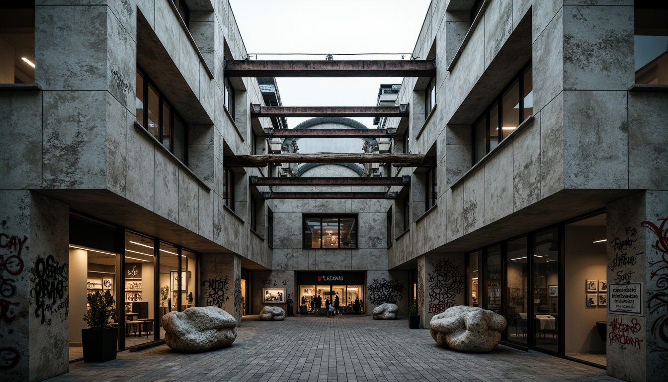 Prompt: Rugged shopping center facade, brutalist architecture style, raw concrete texture, exposed ductwork, industrial metal beams, bold geometric forms, fortress-like structure, urban cityscape backdrop, overcast sky, dramatic shadowing, high-contrast lighting, abstract graffiti, distressed finishes, rough-hewn stone walls, chunky brutalist sculptures, ornate brutalist details, moody atmospheric ambiance, cinematic composition, shallow depth of field.