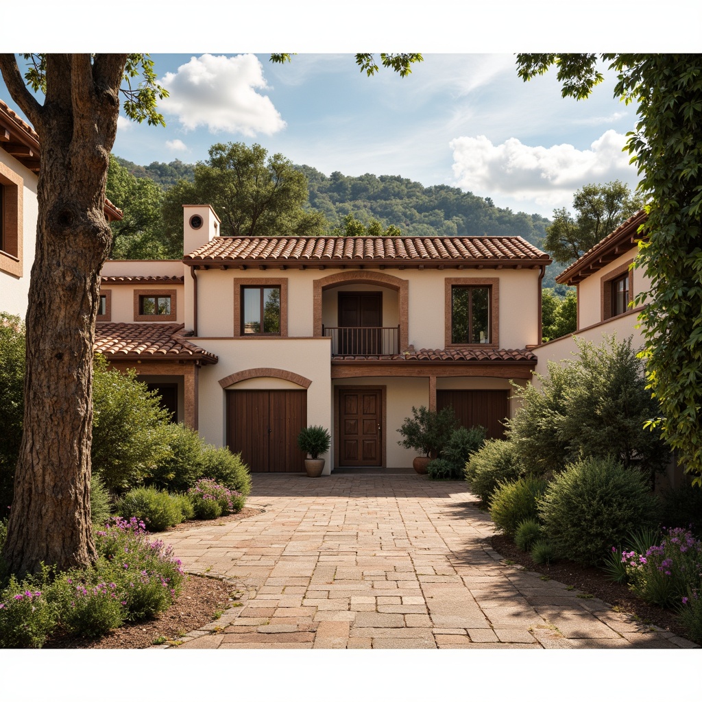 Prompt: Regionalism style buildings, terracotta roofing tiles, curved eaves, ornate wooden doors, stone walls, rustic chimneys, asymmetrical facades, earthy color palette, natural textures, Mediterranean landscape, olive trees, cypress trees, sunny afternoon, soft warm lighting, shallow depth of field, 1/2 composition, realistic brick textures, ambient occlusion.Let me know if this meets your requirements!