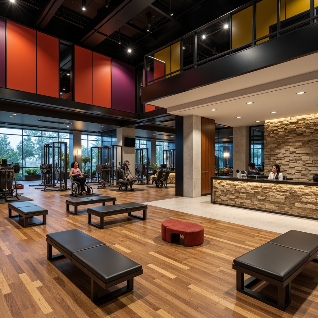 Prompt: Luxurious fitness club, high-gloss wooden floors, matte steel equipment, smooth leather benches, rough concrete walls, transparent glass partitions, sleek metallic accents, natural stone reception desk, vibrant color blocking, modern LED lighting, dynamic shadows, 1/2 composition, realistic textures, ambient occlusion.