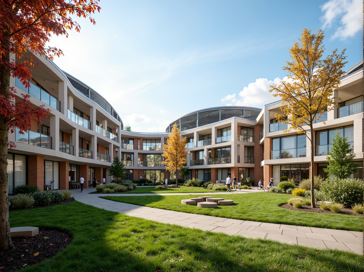 Prompt: Vibrant campus courtyard, lush green lawns, modern experimental architecture, curved lines, futuristic buildings, transparent glass roofs, natural stone pathways, wooden benches, educational signage, blooming flowers, sunny day, soft warm lighting, shallow depth of field, 3/4 composition, panoramic view, realistic textures, ambient occlusion, geometric planters, minimalist water features, eco-friendly materials, innovative drainage systems, shaded outdoor spaces, misting systems, abstract sculptures, vibrant colorful murals, intricate geometric patterns.