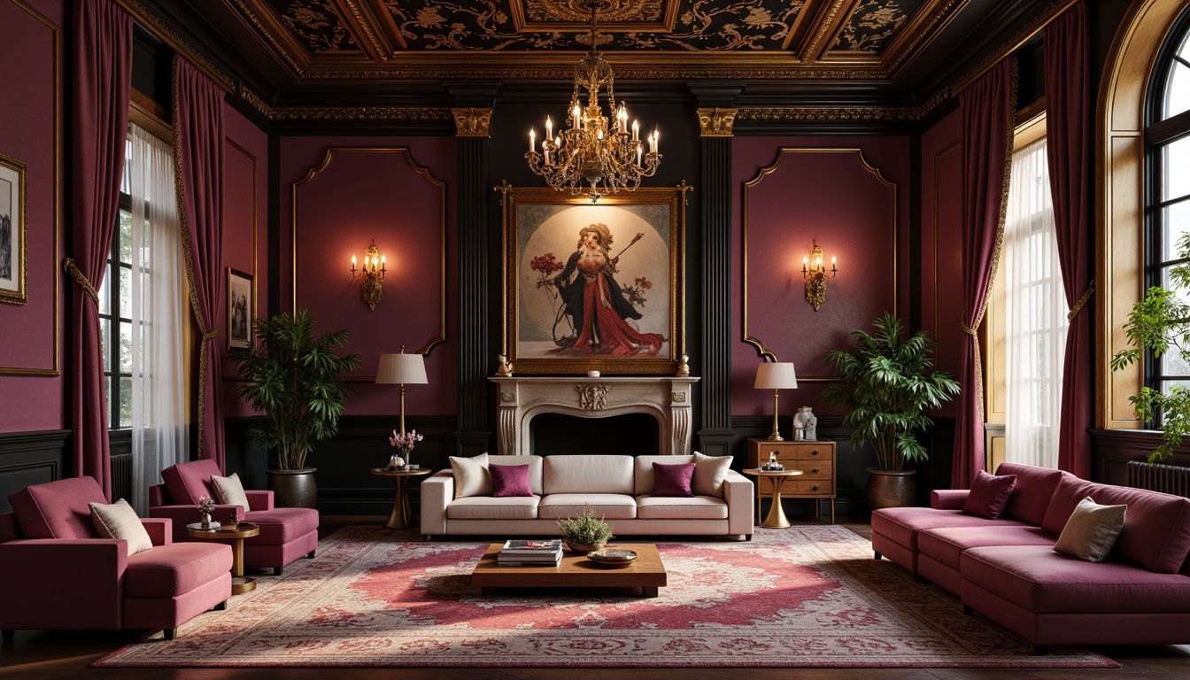 Prompt: Rich plum tones, warm beige accents, soft blush hues, dark chocolate brown, velvety black, luxurious gold details, ornate metal fixtures, lavish furnishings, regal atmosphere, opulent decorations, grand chandeliers, dramatic lighting, cinematic shadows, high-contrast colors, bold brushstrokes, artistic textures, abstract patterns, eclectic accessories, vintage decor.