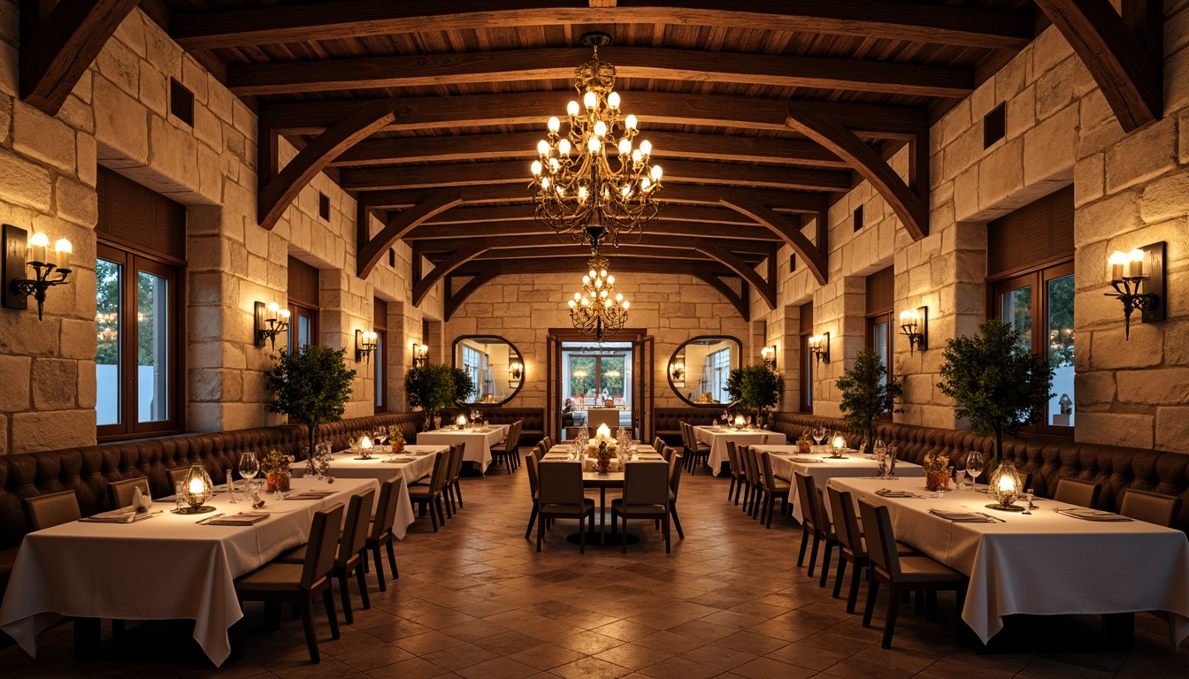 Prompt: Rustic dining hall, stone walls, brick arches, wooden beams, vaulted ceilings, grand chandeliers, warm candlelight, rich textiles, comfortable seating, natural materials, earthy color palette, traditional masonry techniques, hand-laid bricks, ornate carvings, decorative stonework, classic architectural style, symmetrical composition, soft warm lighting, realistic textures, ambient occlusion.