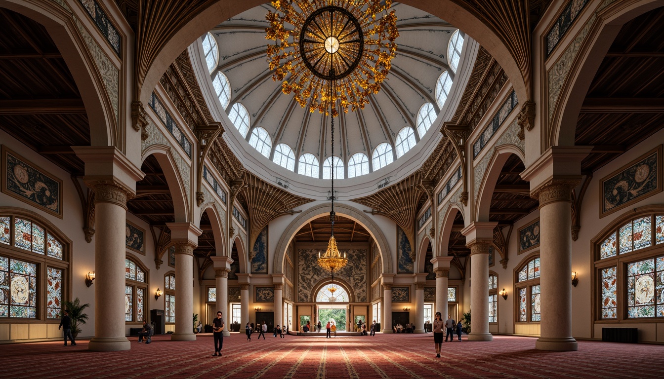 Prompt: Minaret, grand dome, ornate arches, ribbed vaults, pointed spires, slender columns, cantilevered roofs, angular lines, geometric patterns, sacred symbols, stained glass windows, vibrant mosaics, intricate carvings, luxurious fabrics, ambient lighting, shallow depth of field, 1/1 composition, symmetrical view, realistic textures, ambient occlusion.