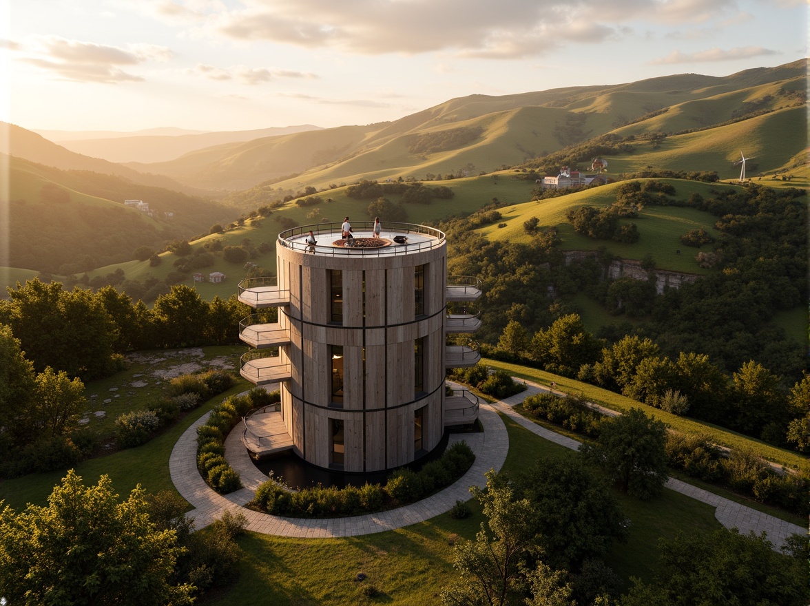 Prompt: Panoramic viewing tower, harmonious landscape integration, rolling hills, lush greenery, winding walking trails, scenic lookout points, rustic stone walls, wooden observation decks, curved staircase, glass railing, minimalist modern design, natural ventilation systems, eco-friendly materials, sustainable energy solutions, solar panels, wind turbines, bird's-eye view, dramatic sunsets, warm golden lighting, shallow depth of field, 1/1 composition, realistic textures, ambient occlusion.