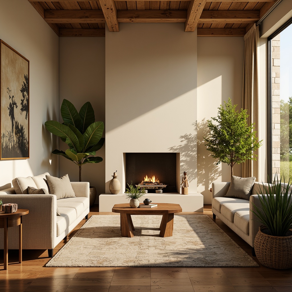 Prompt: Cozy living room, plush furnishings, warm beige walls, rich wood accents, soft golden lighting, comfortable sofas, elegant coffee tables, lush green plants, natural stone fireplace, minimalist decor, calm atmosphere, shallow depth of field, 1/1 composition, realistic textures, ambient occlusion.