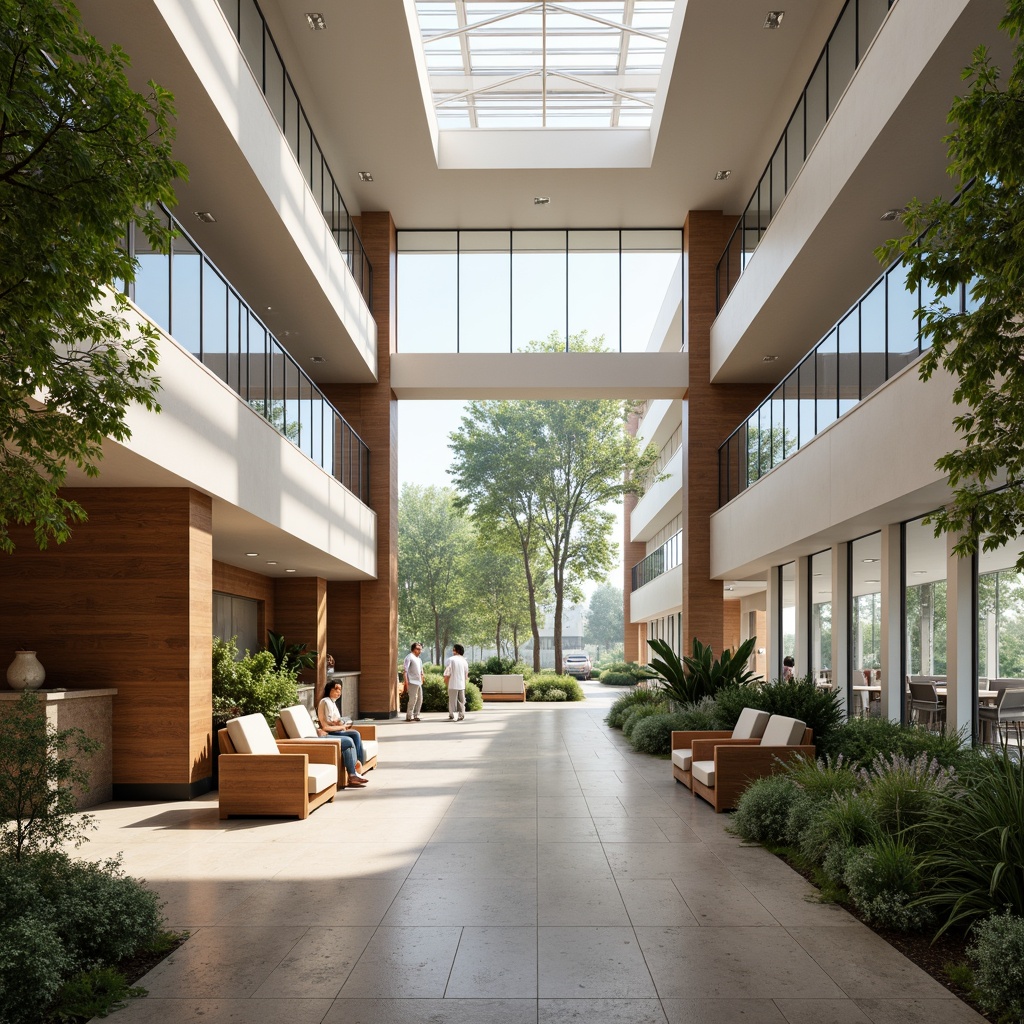 Prompt: Spacious hospital lobby, high ceilings, clerestory windows, skylights, natural stone floors, minimalist decor, abundant greenery, comfortable seating areas, warm color schemes, soft diffused lighting, 1/1 composition, shallow depth of field, realistic textures, ambient occlusion, large patient rooms, floor-to-ceiling windows, private balconies, calming outdoor views, serene water features, lush landscaping, sunny day, gentle warm lighting.