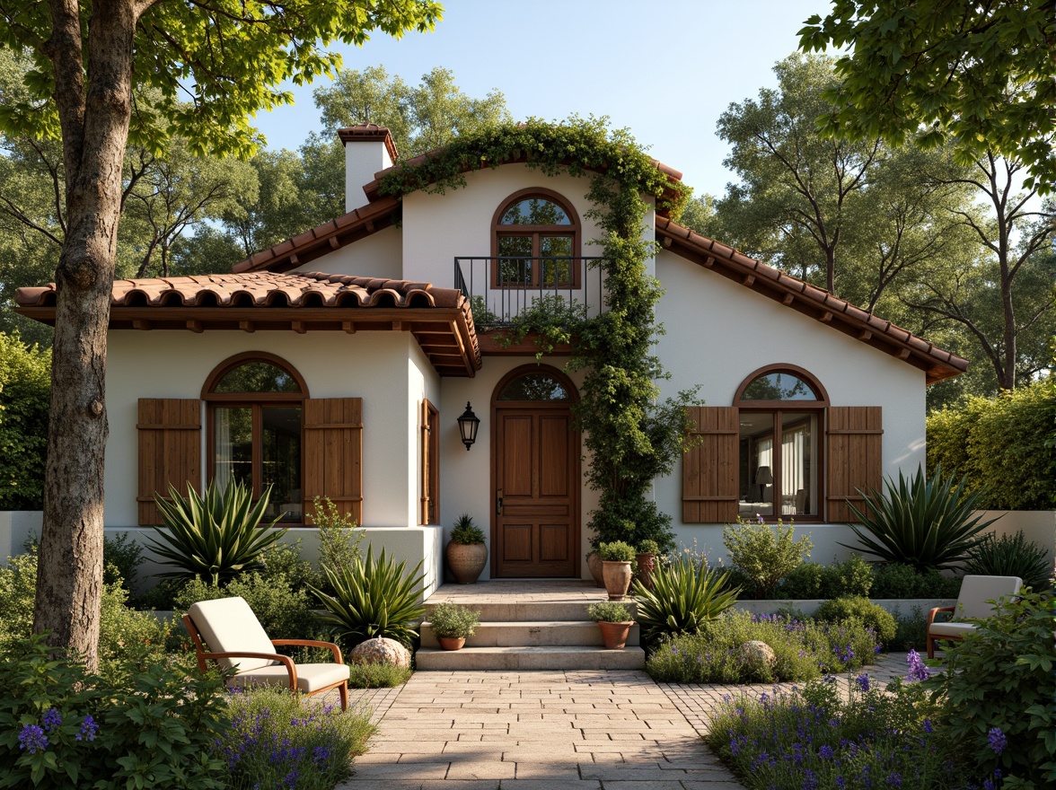 Prompt: Rustic rural cottage, curved ornate lines, flowing organic shapes, vibrant floral patterns, intricate metalwork, stained glass windows, wooden shutters, terra cotta roof tiles, lush greenery, overgrown vines, wildflowers, sunny afternoon, warm soft lighting, shallow depth of field, 1/2 composition, atmospheric perspective, realistic textures, ambient occlusion.