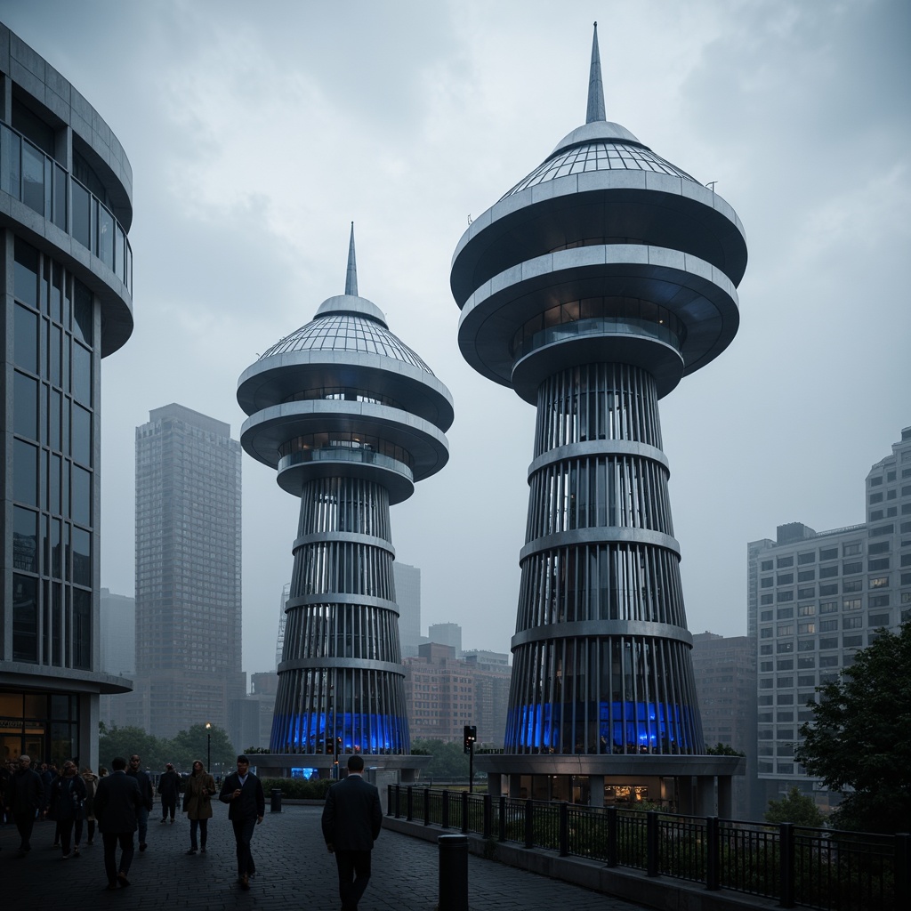 Prompt: Monochromatic watching towers, sleek metallic exteriors, minimalist design, bold geometric shapes, vibrant blue accents, polished chrome details, futuristic architecture, urban cityscape, cloudy grey sky, dramatic spotlighting, high-contrast shadows, cinematic atmosphere, shallow depth of field, 2/3 composition, wide-angle lens, realistic reflections, ambient occlusion.