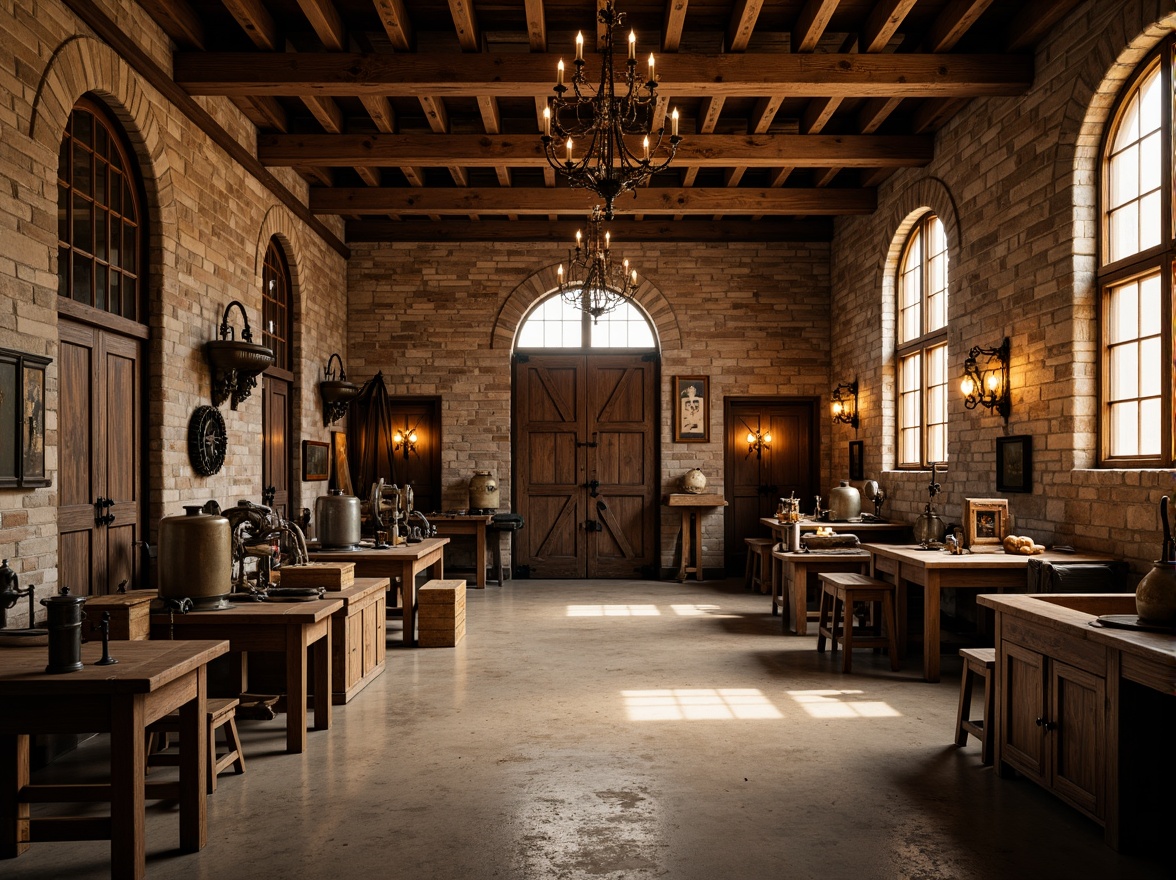 Prompt: Rustic wooden workshop, distressed stone walls, classic ornate doors, worn metal fixtures, vintage machinery, exposed brick arches, wooden beam ceilings, ornate chandeliers, warm golden lighting, soft focus blur, 1/2 composition, symmetrical framing, rich textures, subtle color grading.