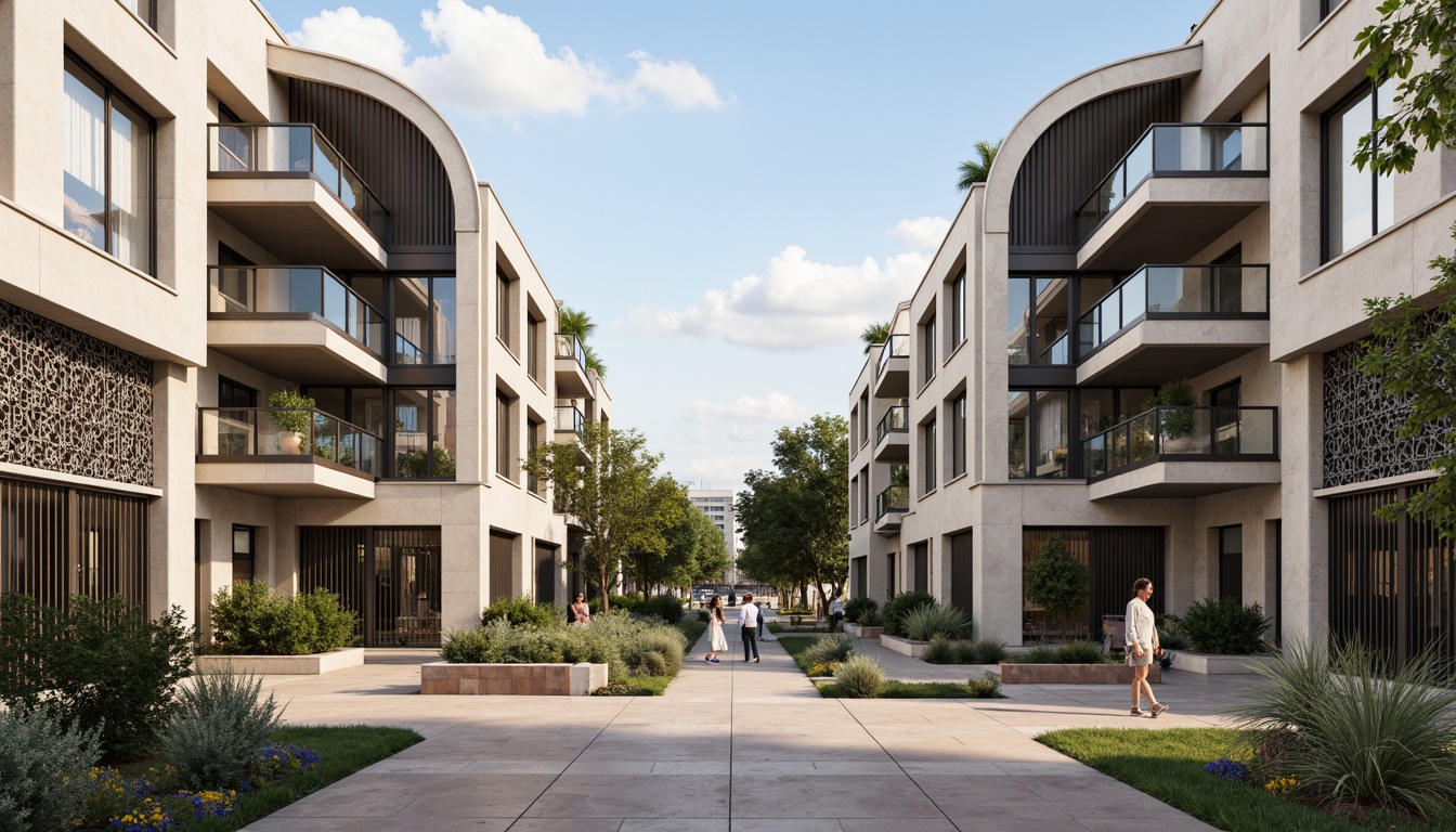 Prompt: \Modern courthouse social housing, symmetrical facade, rusticated stone walls, grand entrance archways, ornate metal gates, vertical windows, cantilevered balconies, sleek glass railings, minimalist landscaping, urban cityscape, sunny afternoon, soft warm lighting, shallow depth of field, 3/4 composition, realistic textures, ambient occlusion.\