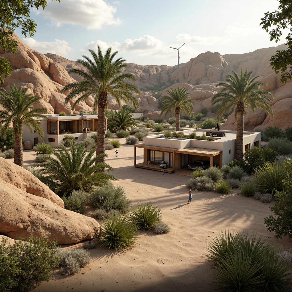 Prompt: Desert oasis, lush greenery, palm trees, sandy dunes, rocky formations, eco-friendly buildings, sustainable architecture, wind turbines, solar panels, water harvesting systems, green roofs, recycled materials, minimalist design, organic shapes, earthy tones, warm natural light, soft shadows, atmospheric perspective, 1/2 composition, realistic textures, ambient occlusion.