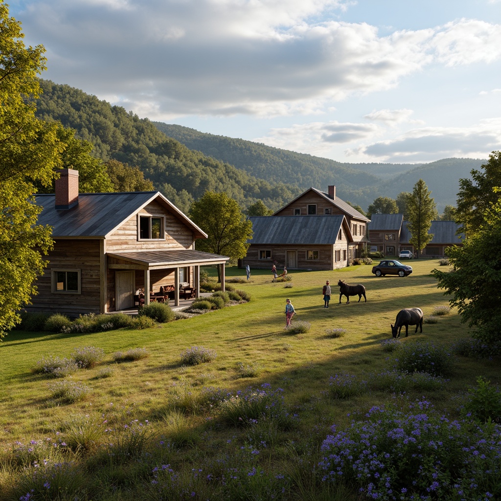 Prompt: Rustic countryside, rolling hills, wooden farmhouses, natural stone walls, earthy tones, weathered wood textures, corrugated metal roofs, vintage agricultural equipment, wildflower meadows, deciduous trees, sunny afternoon, warm soft lighting, shallow depth of field, 3/4 composition, panoramic view, realistic renderings, ambient occlusion, wooden shutters, brick chimneys, lush greenery, distressed wood accents, earthy color palette, natural materials, traditional architecture, cozy interior spaces.