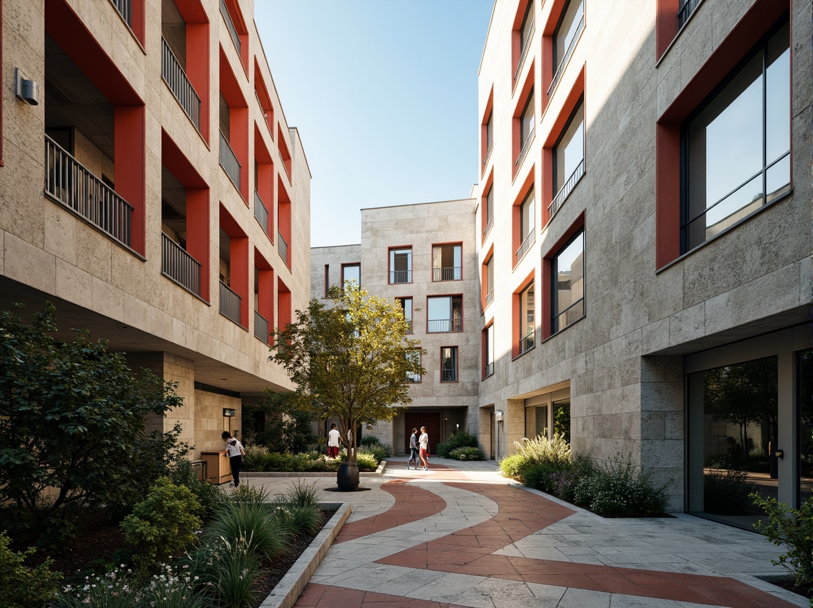 Prompt: Vibrant university campus, brutalist concrete buildings, rugged stone walls, contrasting smooth glass surfaces, metallic accents, experimental architecture, futuristic design elements, irregular shapes, abstract patterns, bold color schemes, natural light filters, dappled shade, warm atmospheric lighting, shallow depth of field, 1/1 composition, symmetrical framing, realistic textures, ambient occlusion.