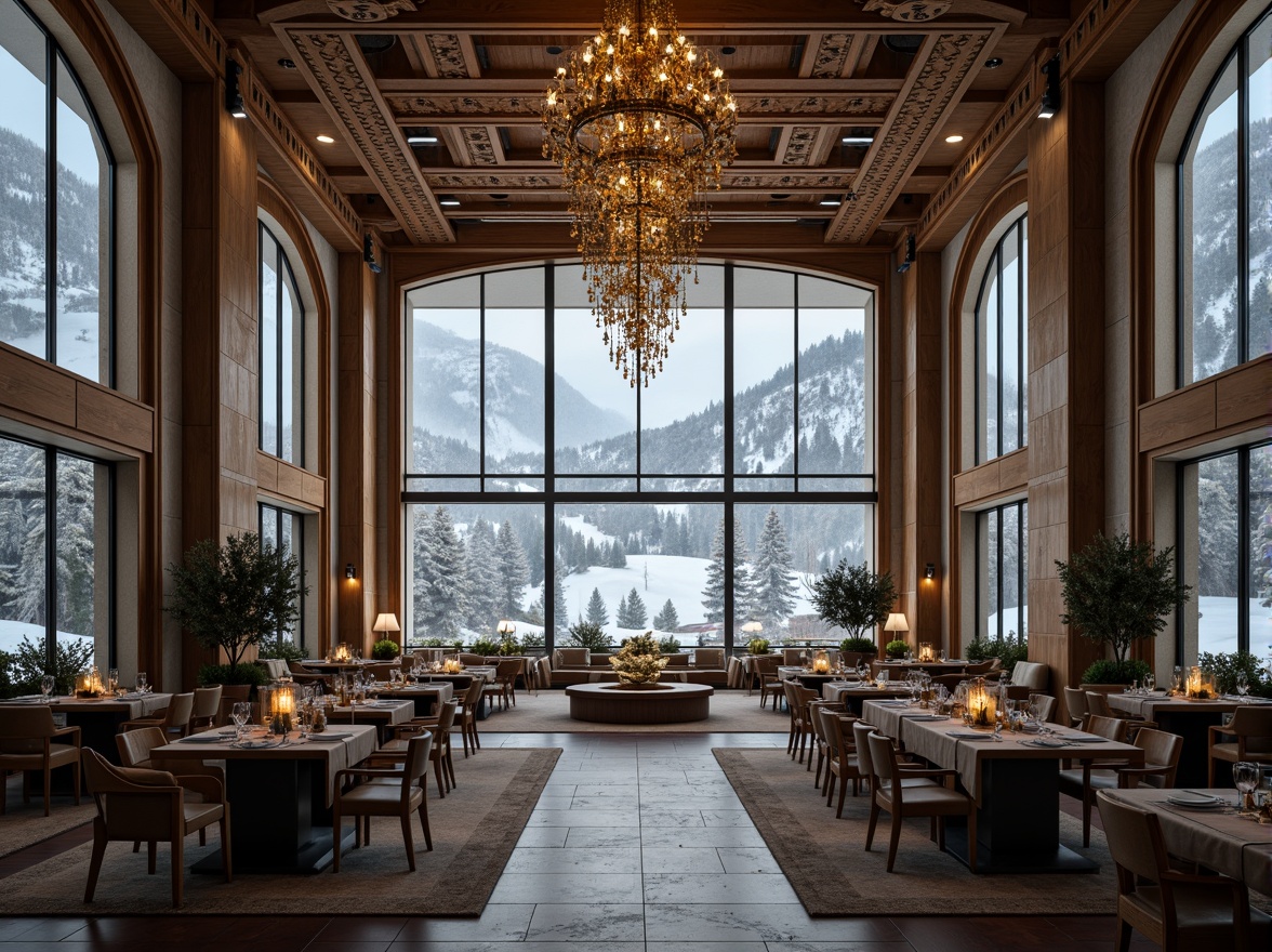 Prompt: Luxurious ski resort, grandiose architecture, ornate stucco facades, gilded accents, sweeping archways, intricate stone carvings, majestic chandeliers, lavish furnishings, opulent textiles, snow-capped mountains, frozen lakes, powdery snowfall, misty mornings, warm candlelight, dramatic shadows, high-contrast lighting, 1/2 composition, low-angle shot, cinematic mood, rich wood tones, metallic sheen, frosted glass, regal atmosphere.