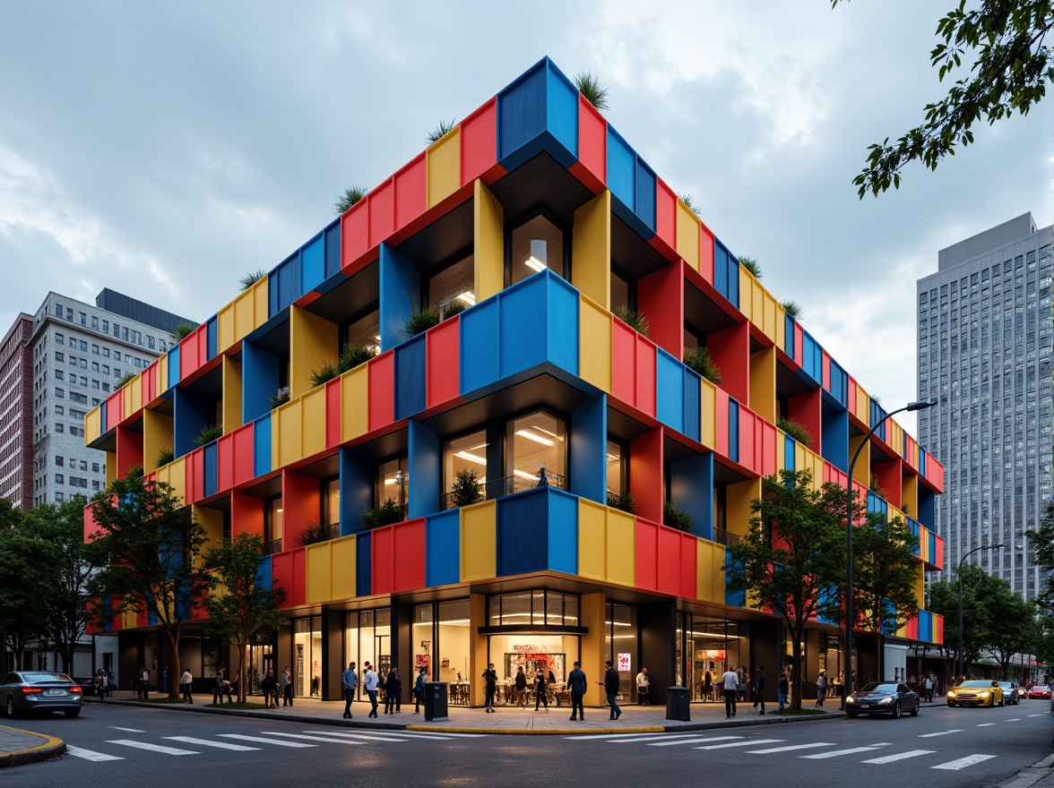 Prompt: Vibrant gymnasium facade, expressionist architecture, bold geometric forms, contrasting color blocks, dynamic angular lines, abstract sculptural details, industrial metal cladding, exposed ductwork, large clerestory windows, natural light flooding, urban cityscape backdrop, busy streets, modern streetlights, moody overcast sky, dramatic shadows, high-contrast lighting, 1/1 composition, symmetrical framing, gritty textures, ambient occlusion.Please let me know if this meets your expectations!