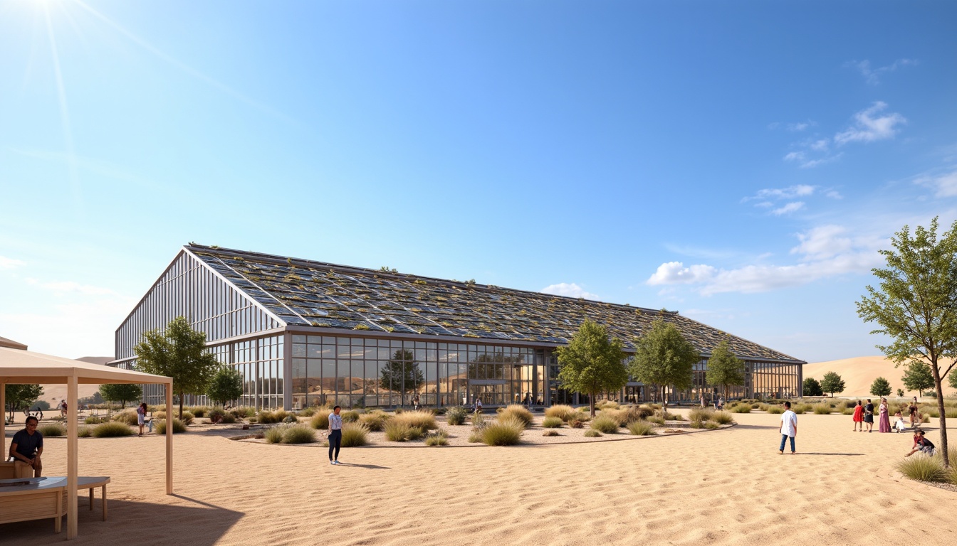 Prompt: Desert greenhouse, arid climate, hot sunny day, clear blue sky, vast open space, modern futuristic architecture, sleek metal frame, reflective glass surfaces, angular lines, minimalist design, sustainable energy solutions, solar panels, wind turbines, water conservation systems, green roofs, eco-friendly materials, innovative cooling technologies, shaded outdoor spaces, misting systems, Arabic-inspired patterns, vibrant colorful textiles, intricate geometric motifs, advanced ventilation systems, evaporative cooling, shading devices, insulation materials, climate control, air circulation, humidity management, temperature regulation, fresh air intake, stale air exhaust.