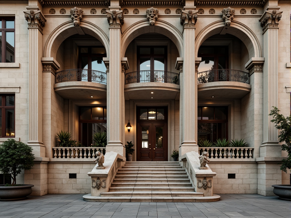 Prompt: Grandiose building facade, ornate columns, intricately carved details, symmetrical composition, imposing entrance, sweeping staircases, classical arches, decorative pediments, ornamental sculptures, richly textured stone walls, subtle weathered effects, soft warm lighting, shallow depth of field, 1/2 composition, realistic textures, ambient occlusion, majestic cityscape, historic urban context.