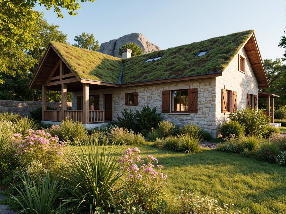 Prompt: Rustic rural cottage, earthy tones, natural stone walls, weathered wooden accents, moss-covered roofs, vibrant greenery, blooming wildflowers, serene countryside landscape, warm sunny day, soft gentle lighting, shallow depth of field, 3/4 composition, panoramic view, realistic textures, ambient occlusion.