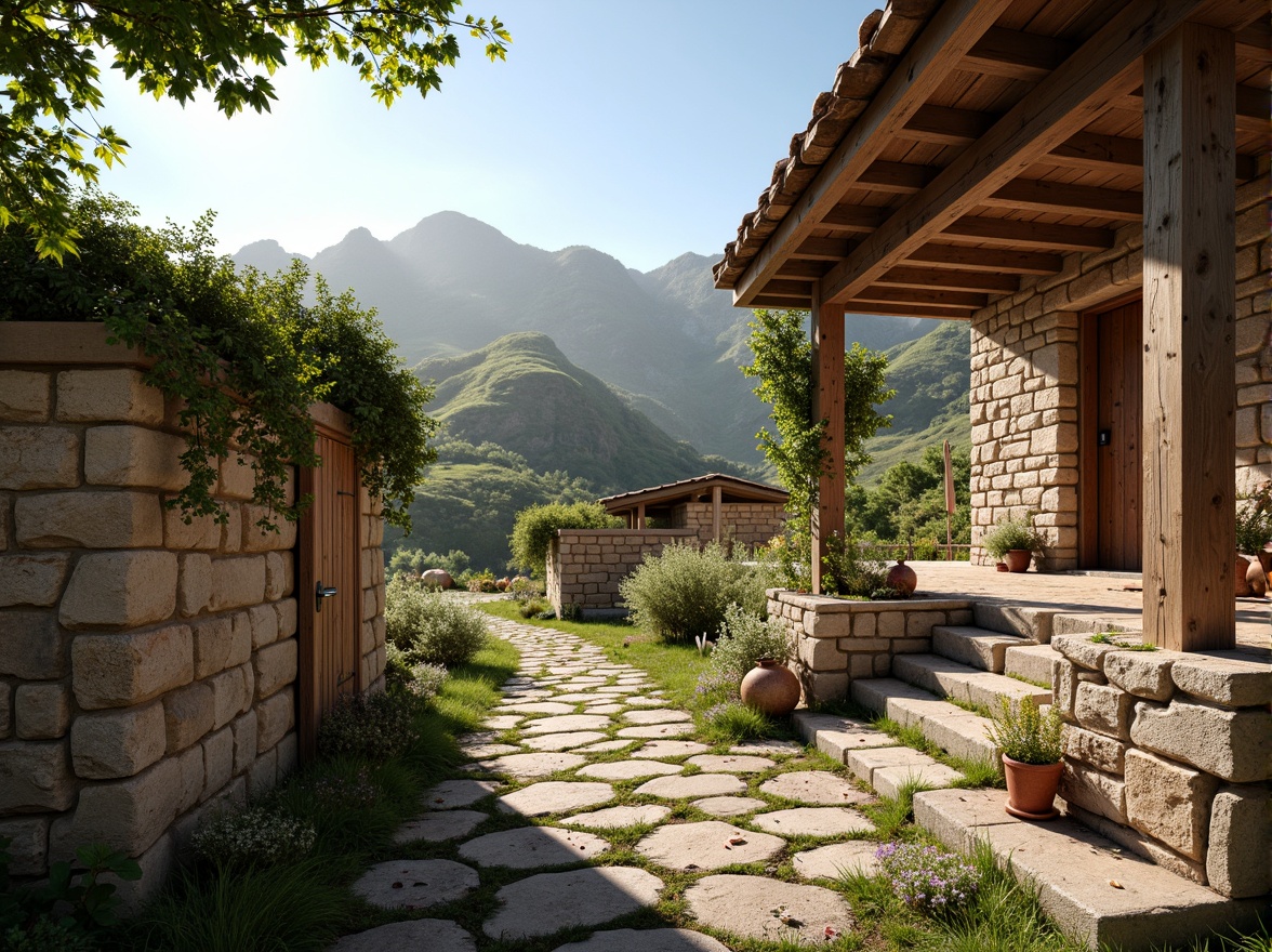 Prompt: Rustic rural landscape, rolling hills, wooden farmhouses, stone walls, earthy tones, natural textures, reclaimed wood accents, wooden beams, exposed brick, clay tiles, thatched roofs, vines crawling, wildflowers blooming, sunny afternoon, warm soft lighting, shallow depth of field, 1/1 composition, intimate focus, realistic renderings, ambient occlusion.