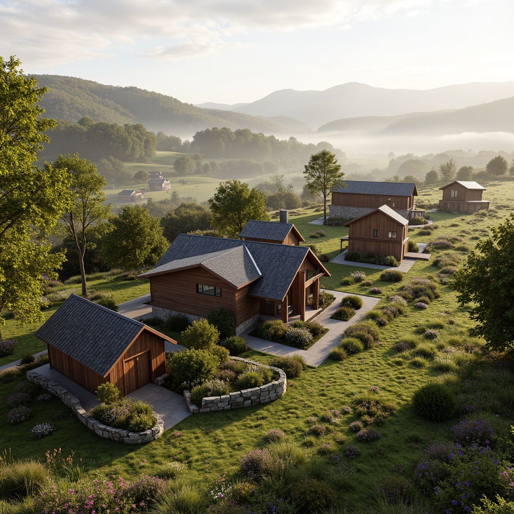 Prompt: Rustic rural homes, earthy tones, natural materials, wooden accents, stone foundations, green roofs, solar panels, wind turbines, rainwater harvesting systems, organic gardens, wildflower meadows, rolling hills, serene countryside, misty mornings, soft warm lighting, shallow depth of field, 1/1 composition, realistic textures, ambient occlusion.