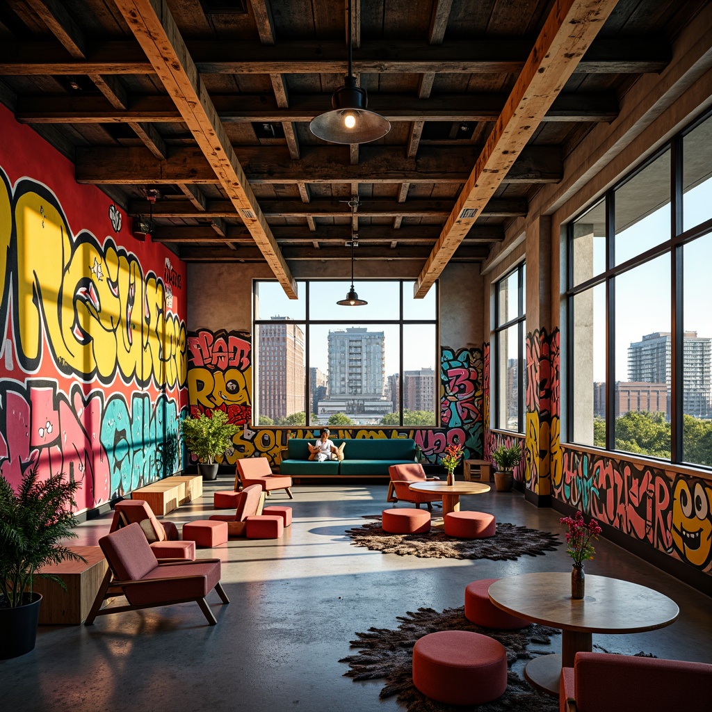 Prompt: Vibrant youth center, neon color scheme, bold graffiti walls, eclectic furniture, industrial metal beams, reclaimed wood accents, urban cityscape, sunny afternoon, warm softbox lighting, shallow depth of field, 1/1 composition, realistic textures, ambient occlusion.