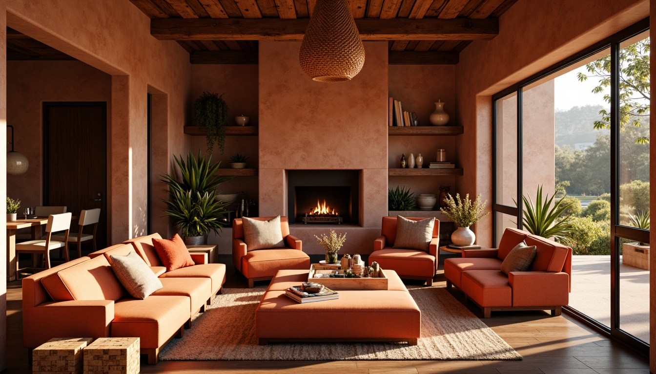 Prompt: Vibrant persimmon hues, warm earthy tones, rich terracotta accents, natural stone textures, rustic wooden elements, cozy living spaces, intimate ambiance, soft golden lighting, shallow depth of field, 1/2 composition, realistic renderings, ambient occlusion, inviting atmosphere.