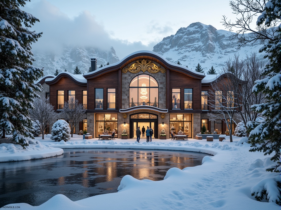 Prompt: Grandiose ski center facade, ornate Baroque details, golden accents, snowy mountainous backdrop, frosted glass windows, curved rooflines, grand entrance archways, rustic wooden doors, lavish chandeliers, intricate stonework, snow-covered pine trees, frozen lakeside, misty winter morning, soft warm lighting, shallow depth of field, 1/1 composition, symmetrical framing, realistic textures, ambient occlusion.