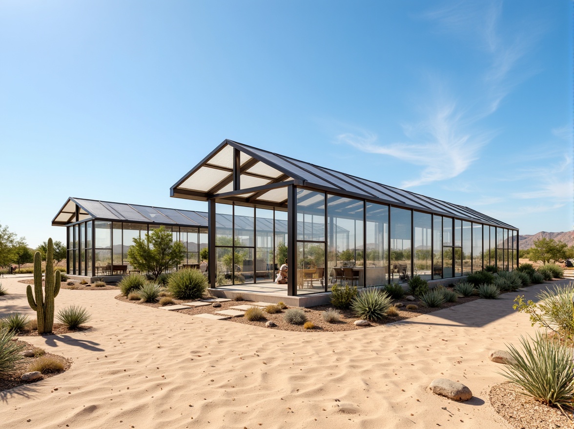 Prompt: Desert greenhouse, arid climate, sandy terrain, cactus plants, hot sunny day, clear blue sky, vast open space, modern sustainable architecture, transparent glass walls, steel frames, automatic vent openings, evaporative cooling systems, misting systems, shading devices, reflective coatings, solar screens, natural convection ventilation, cross-ventilation design, clerestory windows, roof vents, air circulation fans, humidification systems, climate control technologies, water conservation strategies, drought-resistant plant species, succulent plants, aloe vera, cacti arrangements.