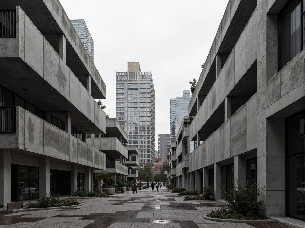 Prompt: Exposed concrete structures, brutalist forms, fortress-like buildings, rugged textures, raw materials, industrial aesthetics, functional simplicity, minimalist ornamentation, bold geometric shapes, clean lines, monochromatic color schemes, urban cityscape, overcast skies, dramatic shadows, low-angle photography, cinematic composition, high-contrast lighting, atmospheric perspective.