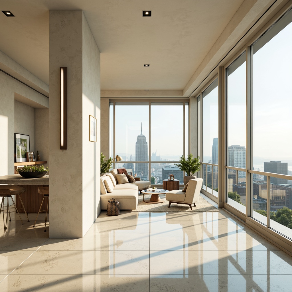 Prompt: Luxurious penthouse, floor-to-ceiling windows, minimal obstructions, open-plan living area, sleek modern furniture, creamy white walls, polished marble floors, reflective surfaces, sliding glass doors, expansive city views, sunny day, soft warm lighting, shallow depth of field, 3/4 composition, panoramic view, realistic textures, ambient occlusion.