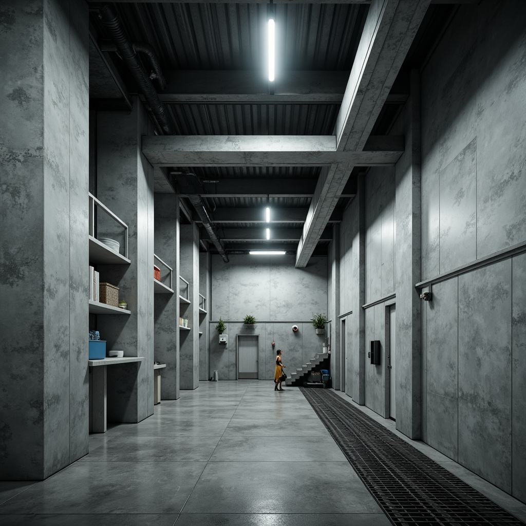 Prompt: Raw concrete walls, industrial laboratory setting, minimalist decor, steel beams, exposed ductwork, industrial lighting fixtures, metal grated floors, brutalist architectural style, functional simplicity, cold color palette, dramatic shadows, high contrast lighting, 1/1 composition, symmetrical framing, harsh textures, ambient occlusion.