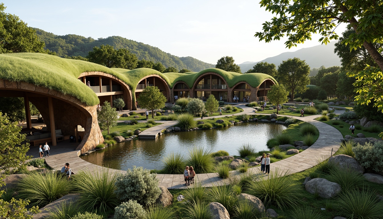 Prompt: Seamless site integration, organic architecture, curved lines, natural stone walls, green roofs, lush vegetation, native plants, meandering pathways, serene water features, eco-friendly materials, sustainable design, energy-efficient systems, minimal environmental impact, panoramic views, soft warm lighting, shallow depth of field, 3/4 composition, realistic textures, ambient occlusion.