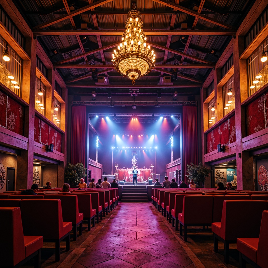 Prompt: Vibrant music venue, eclectic concert hall, ornate chandeliers, polished wooden floors, luxurious velvet curtains, richly upholstered seats, metallic accents, bold geometric patterns, dynamic LED lighting, immersive sound systems, acoustic panels, rustic brick walls, industrial metal beams, edgy graffiti murals, urban cityscape views, warm atmospheric ambiance, shallow depth of field, 1/1 composition, dramatic low-angle shot, cinematic color grading.